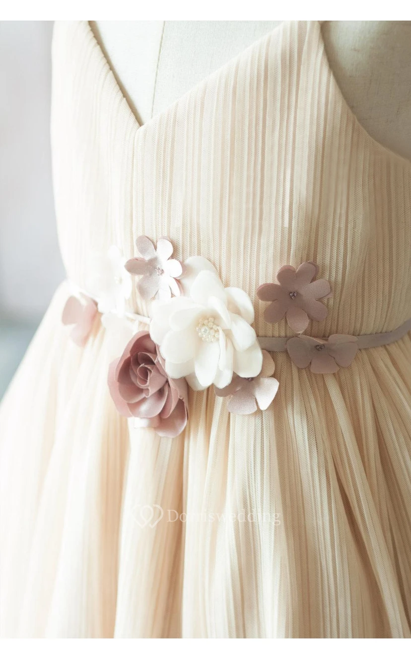 Spaghetti Strap V Neck A-line Pleated Knee Length Tulle Dress With Floral Sash view 5