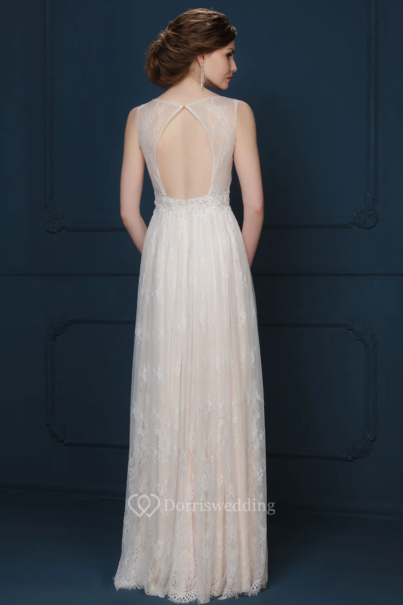 A-Line Maxi Appliqued Bateau-Neck Sleeveless Lace Evening Dress With Pleats view 2