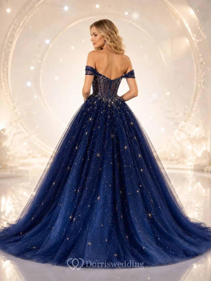 Navy Off-the-Shoulder Sleeveless Starry Tulle Ball Gown Sweep Train Prom Dress view 2
