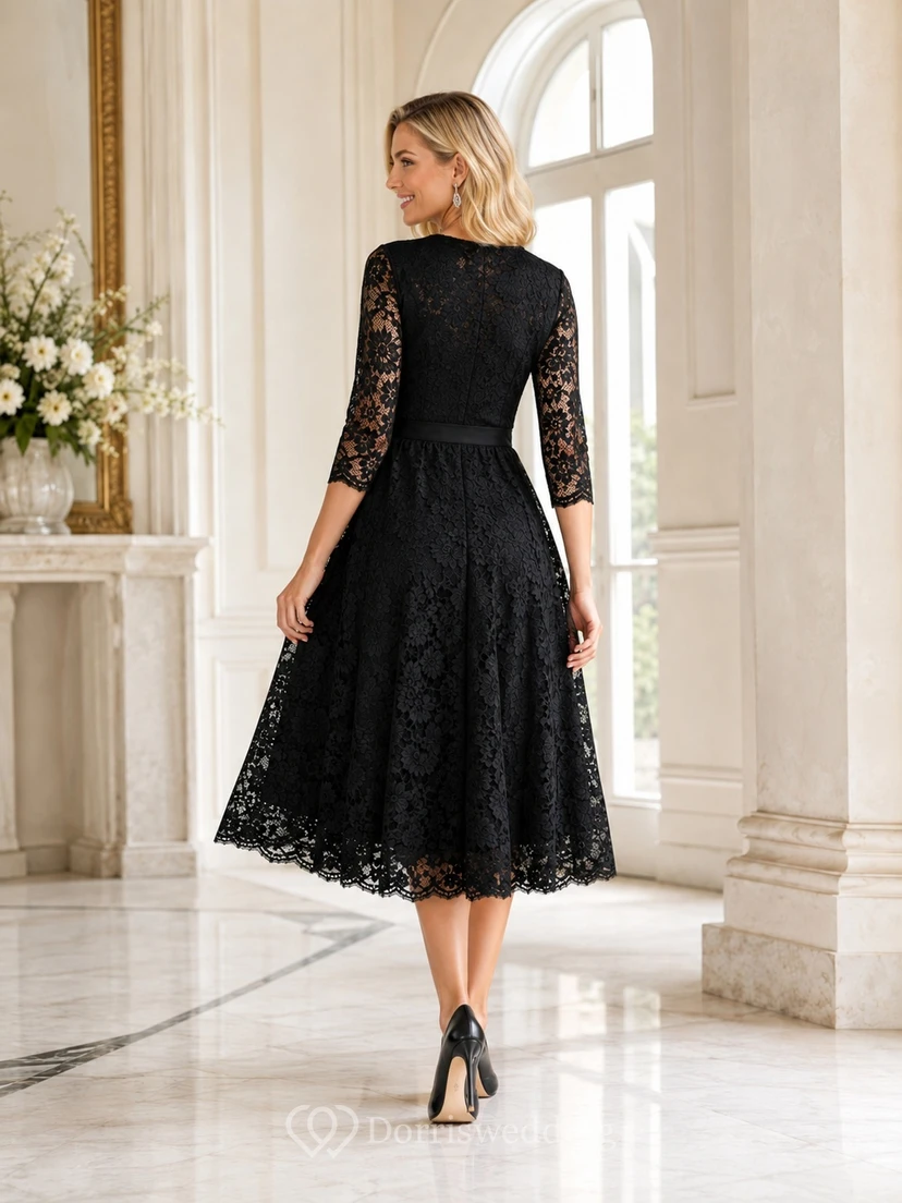 Black Floral Lace V-neck Three-quarter Sleeve A-Line Tea-length Dress view 2