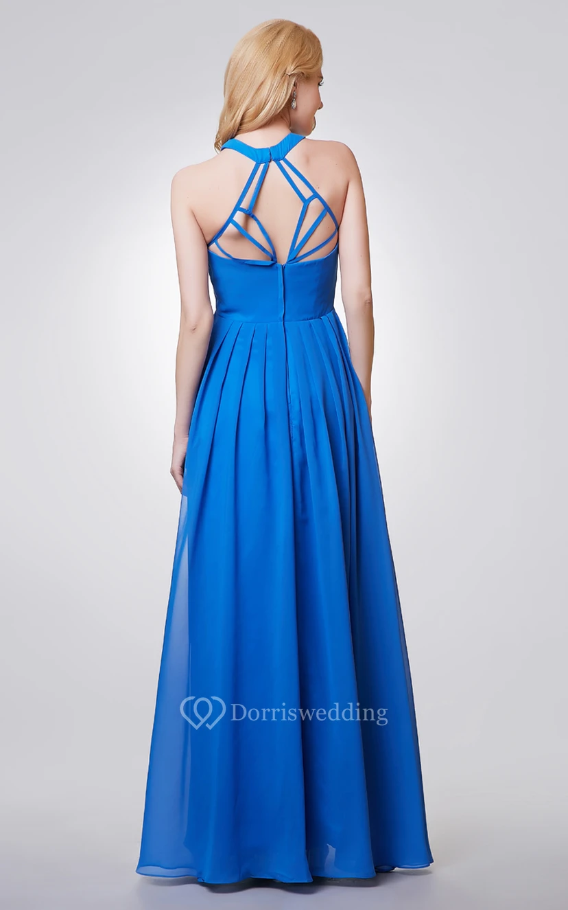 Halter A-line Long Chiffon Pleated Dress With Key-hole view 3