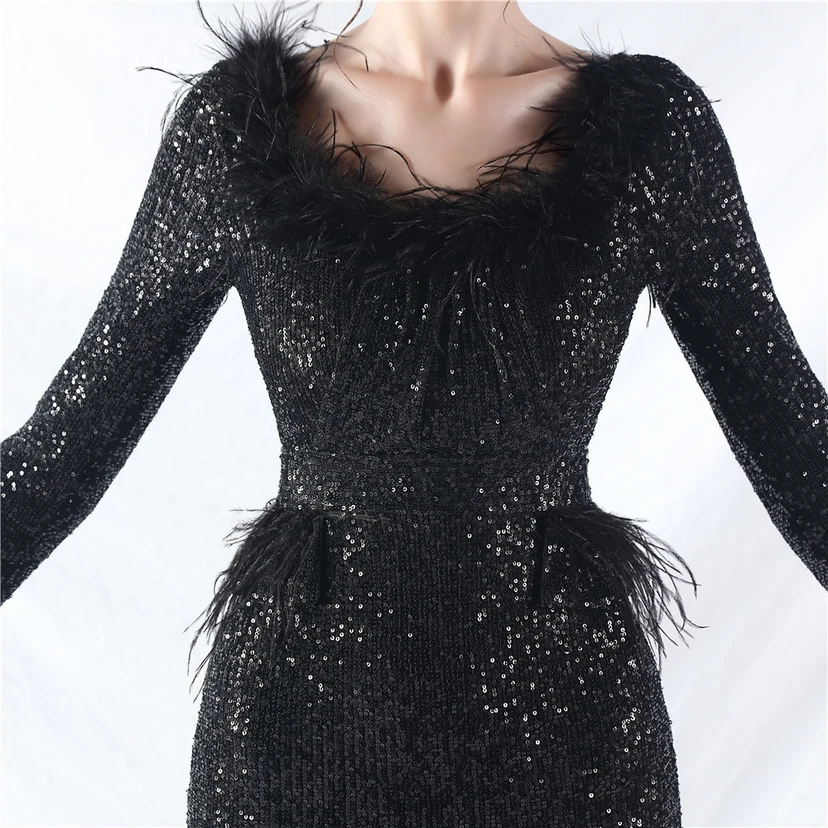 Craft-Made Ostrich Feather Long-Sleeved Beads Evening Dress view 19