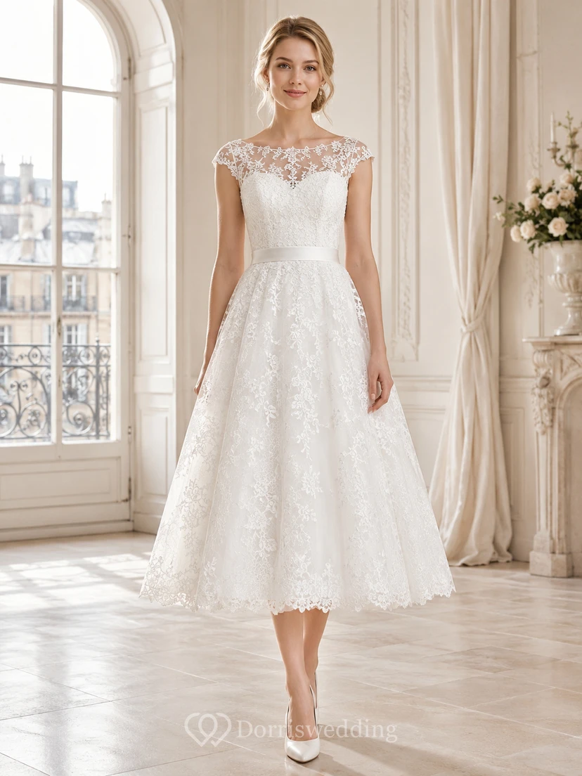 Classic Tea-Length Bateau Cap Sleeve Lace A-Line Vintage Wedding Dress