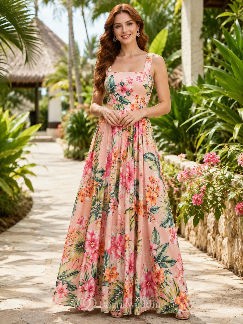 Blush Tropical Floral Square Neck Split Maxi Dress