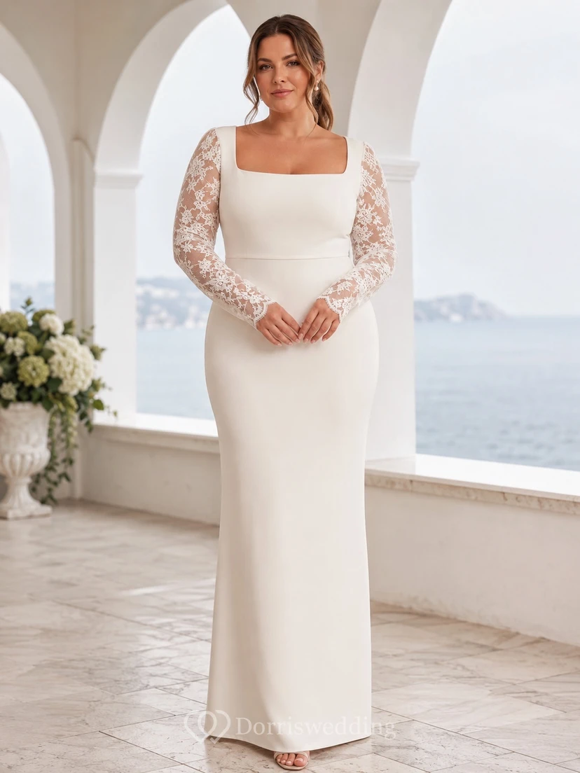 Plus Size Modest Square Neck Long Illusion Sleeve Lace Sheath Floor-Length Wedding Dress