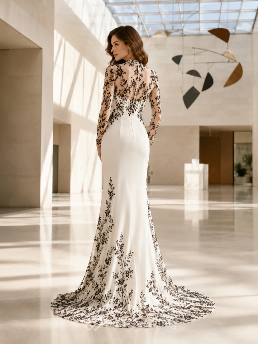 Robe de mariée sirène noire brodée à manches longues illusion view 2