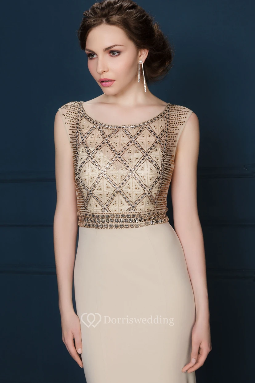 Sheath Sleeveless Scoop-Neck Floor-Length Crystal Jersey Evening Dress With Pleats view 4