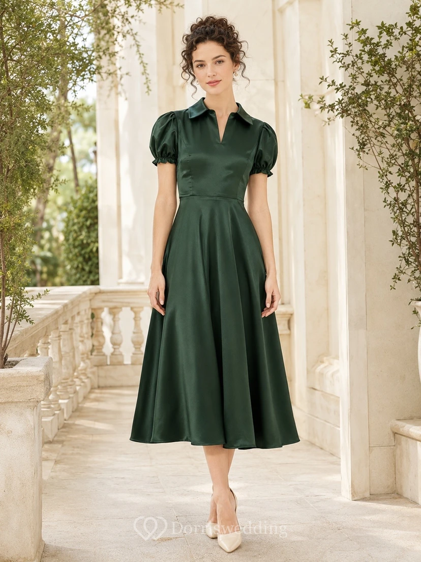 Vintage Dark Green Collared Short Sleeve Tea-length A-line Dress