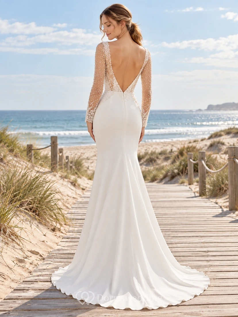 Long Sleeve Bateau Neck Split Front Sheath Wedding Dress view 2