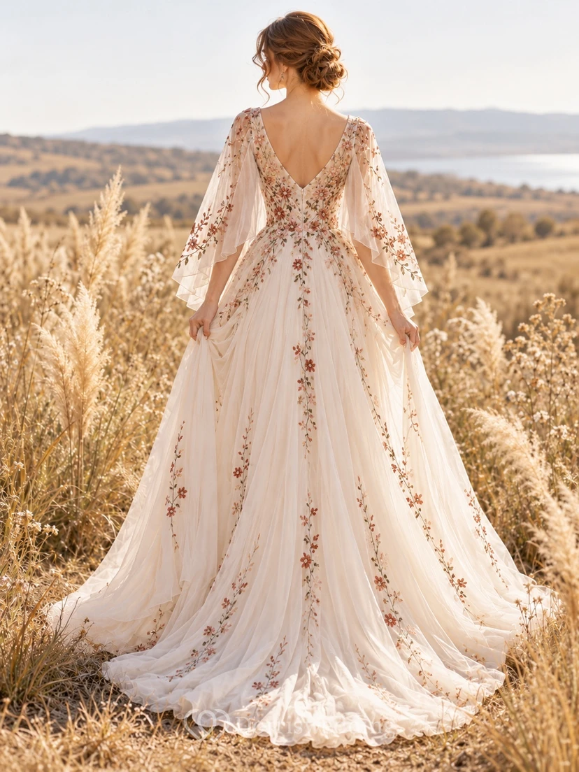 Boho V-neck Warm Floral Embroidered Bell Sleeve A-line Wedding Dress view 2