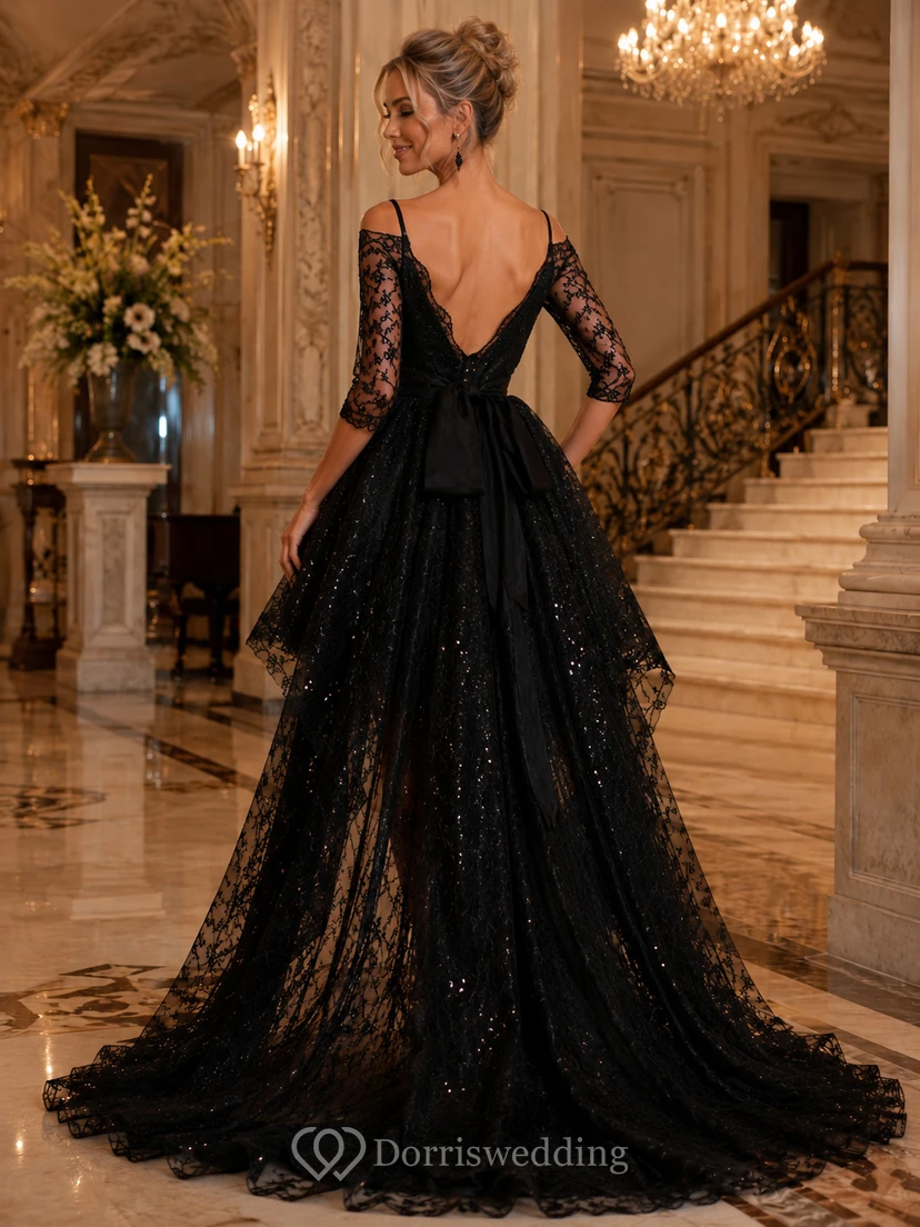 A-Line Lace Off-the-shoulder 3 4 Length Sleeve Zipper Low-V Back Dress view 2