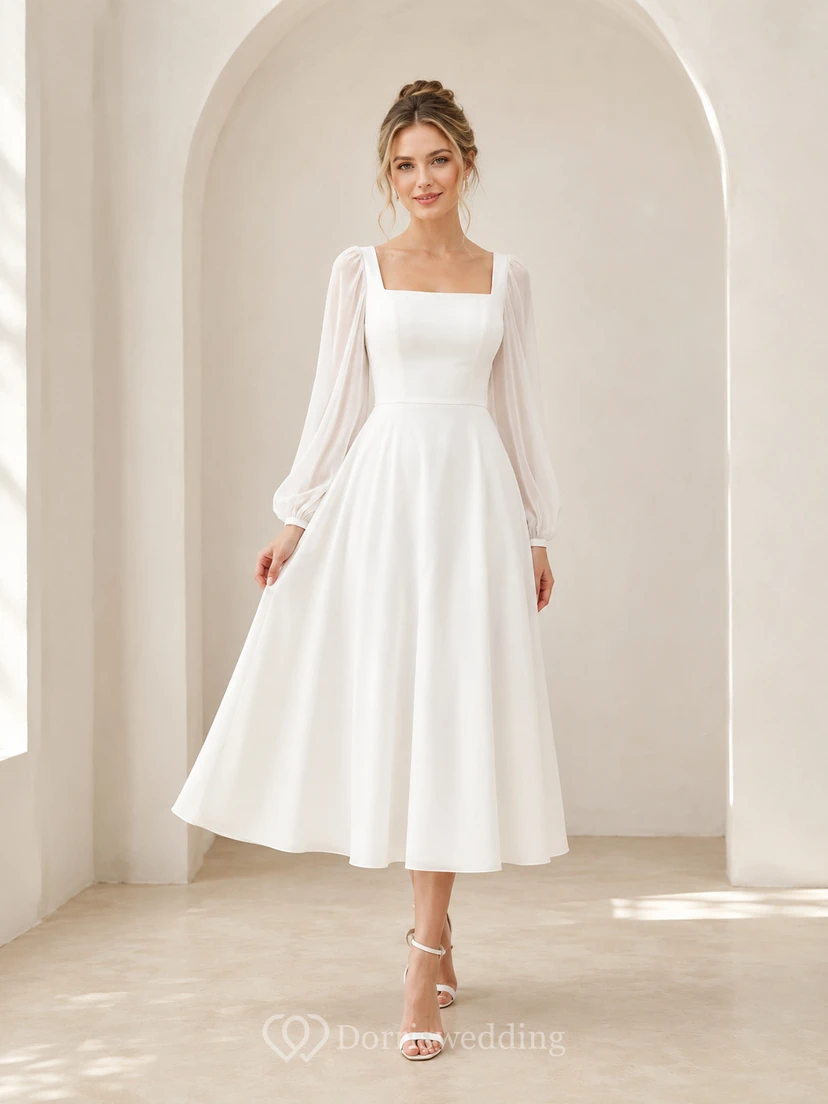 Quiet Arcade White A-Line Tea-Length Square Long-Sleeve Chiffon Modest Cocktail Dress