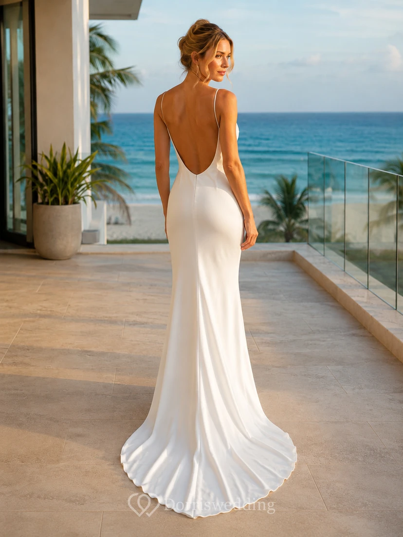 Robe de mariée sexy en satin à col bénitier et fines bretelles, fourreau, idéale pour une destination balnéaire view 2