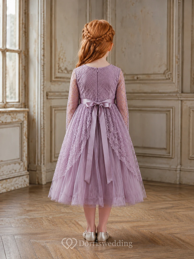 Flower Girl Dress Lavender Lace Tulle A-Line Long Sleeve Jewel Neck Tea Length view 2