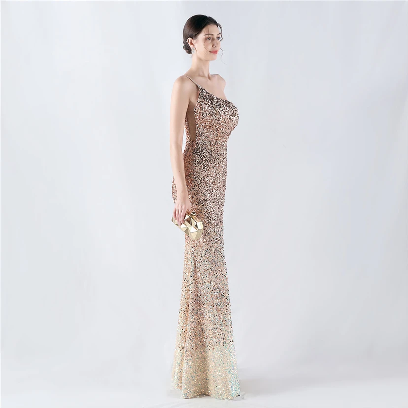 Sexy Abendkleid mit Samtsaum, Farbverlauf, Pailletten, hohem Schlitz und schräger Schulterpartie view 14
