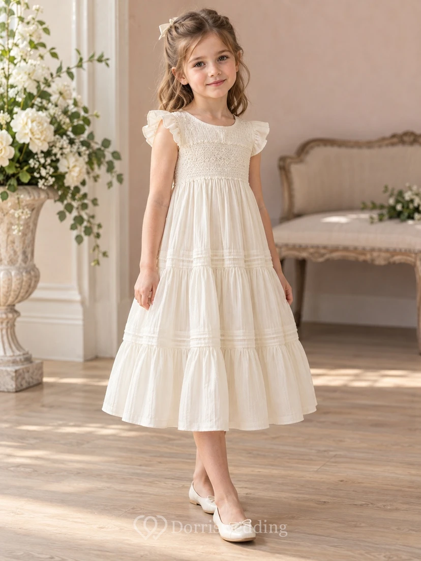 Tea-length Country Ivory A-line Smocked Ruffle-sleeve Tiered Gathered Flower Girl Dress