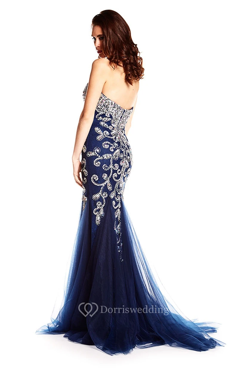 Long Sweetheart Crystal Tulle Prom Dress With V Back view 3