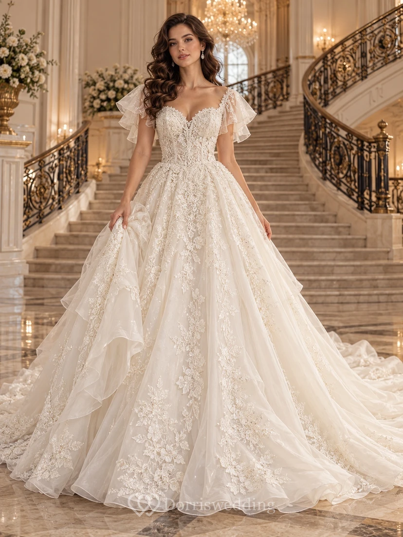 Romantic Flutter Sleeve Sweetheart Floral Lace Full A-line Wedding Dress