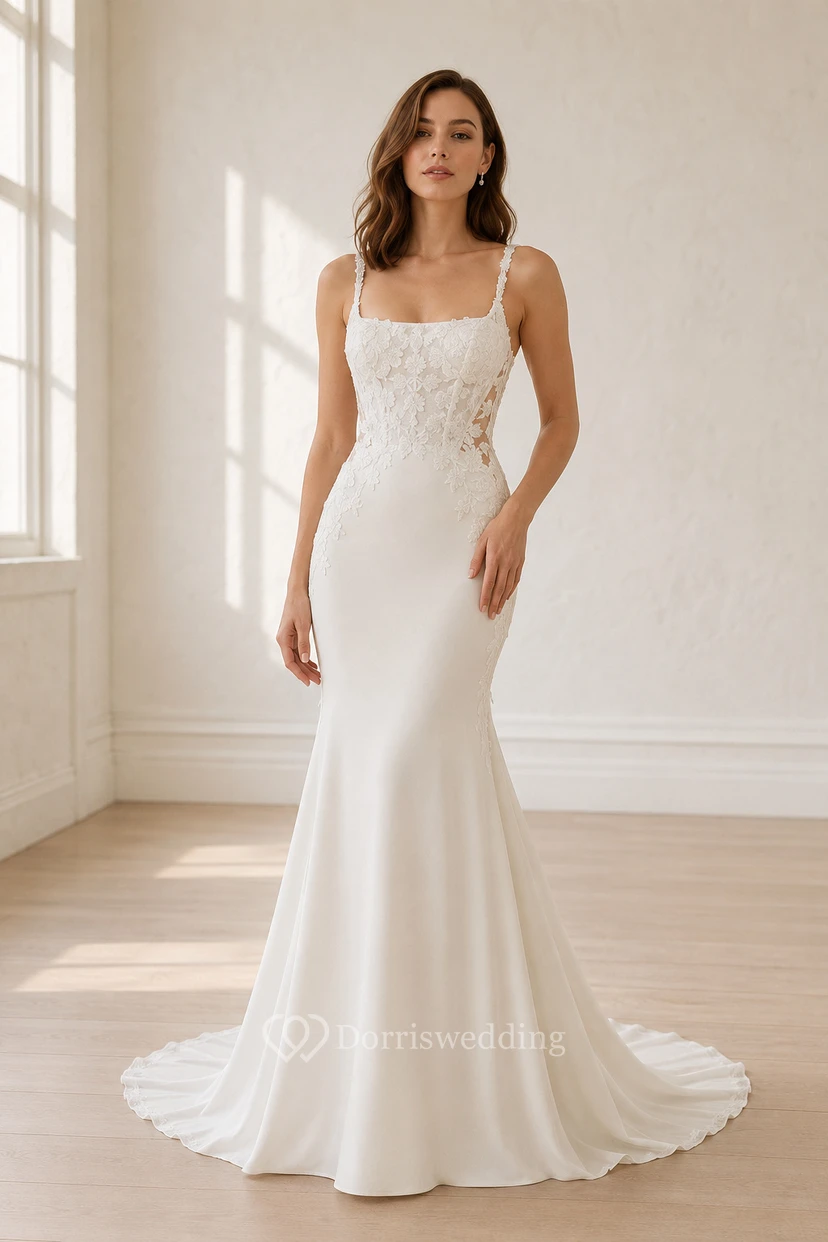 Robe de mariée sirène en satin avec encolure carrée, corsage en dentelle et traîne