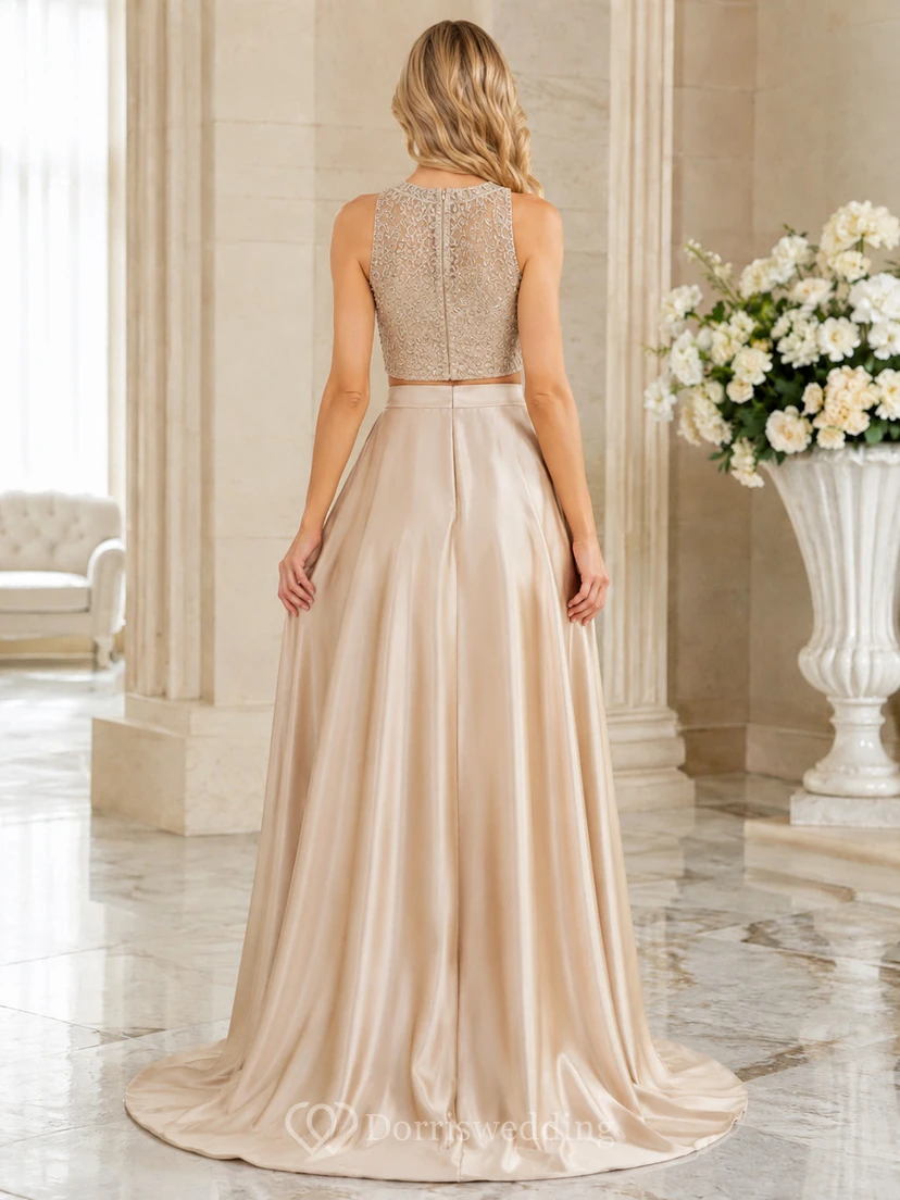 Champagne Two-Piece High-Neck Sequin Satin A-Line Floor Formal Gown Luxury view 2