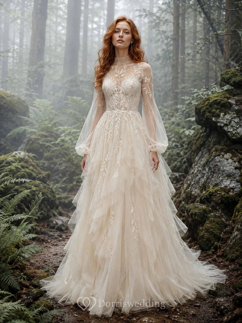 Märchenhaftes Brautkleid aus langärmeligem, mehrlagigem Tüll im Waldstil