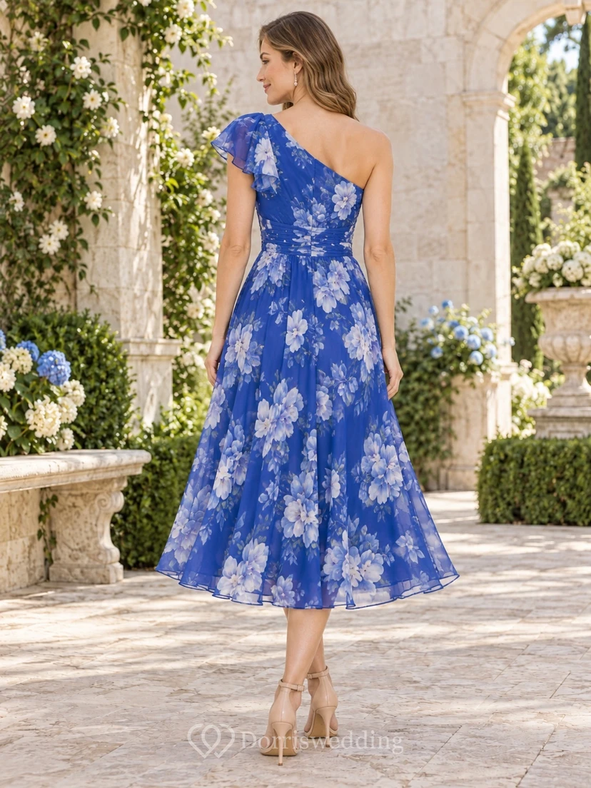 Cobalt Floral Print One-Shoulder Cap Sleeve Tea-Length Chiffon Guest Dress view 2
