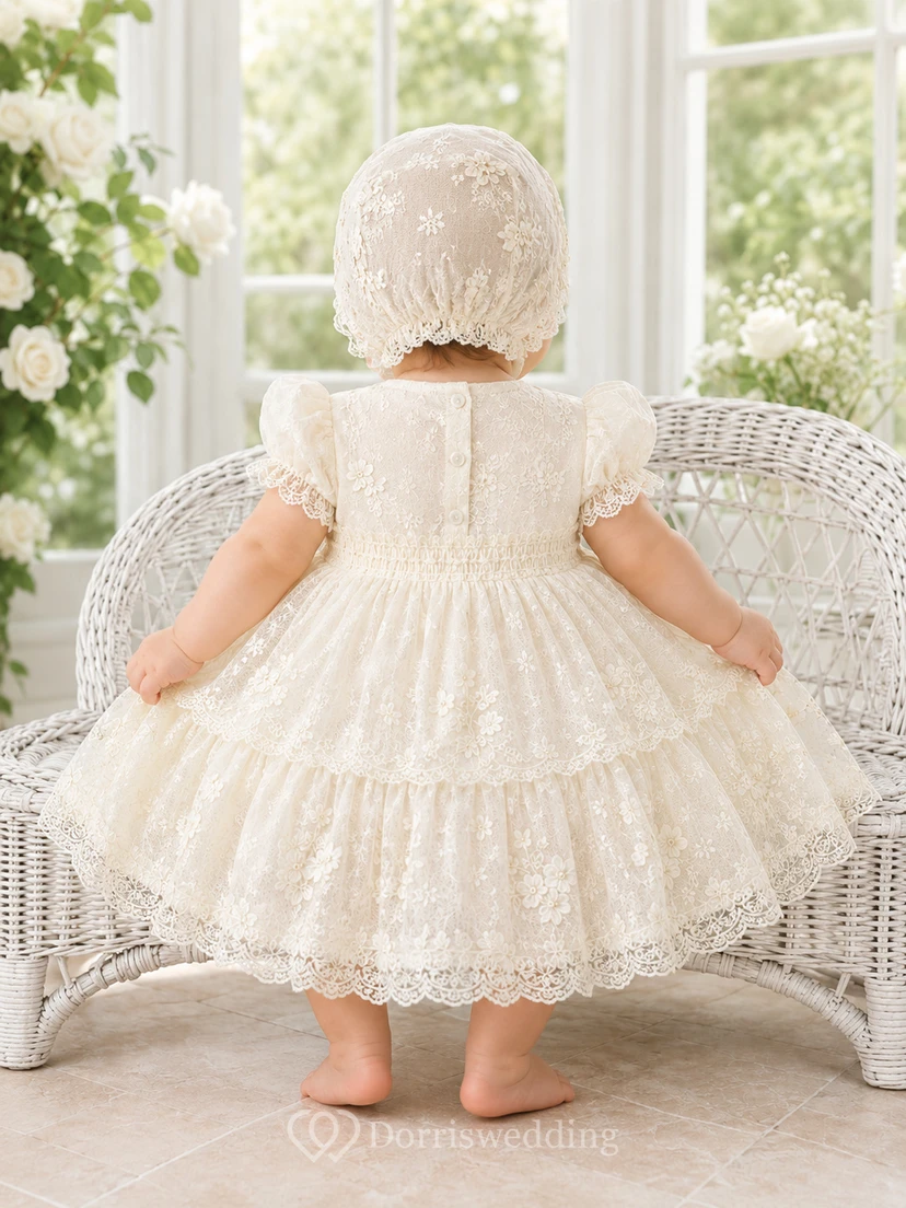 Baby Baptism Christening Ceremony Dress A-Line Knee-Length Jewel Neck Cap Sleeve Tulle Lace Ruffle Trim Tiered Skirt Button Back view 2