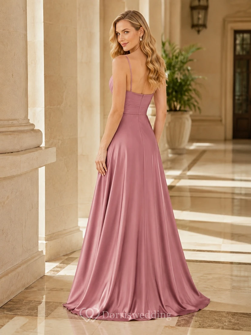 Dusty Rose Spaghetti Sweetheart Draped Satin A-Line Split Sweep Gown view 2