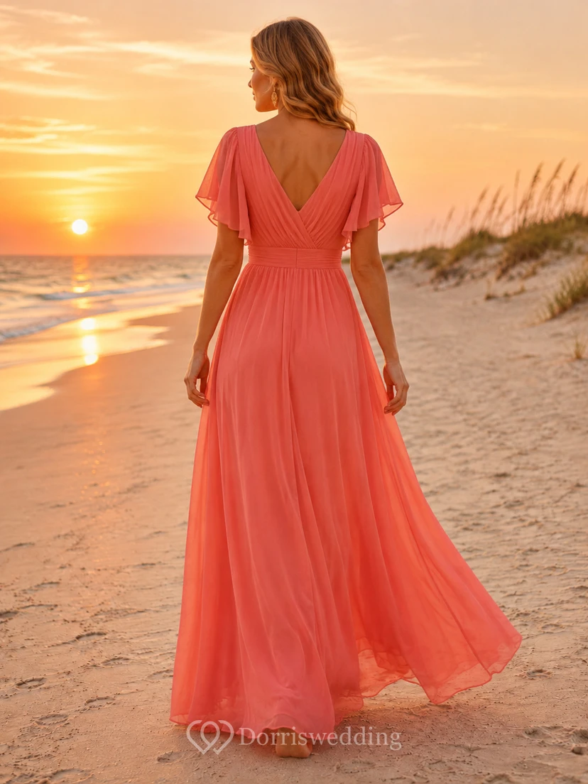 Hochzeitsgastkleid „Coral Sunset Beach“ aus Chiffon, A-Linie, V-Ausschnitt, kurze Ärmel, bodenlang, Seitenschlitz view 2
