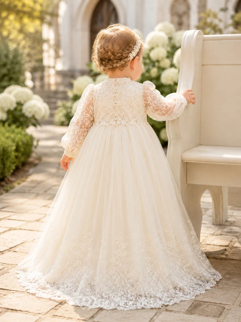 Bishop Sleeve Christening Gown A-Line Lace Tulle Jewel Neck Romantic Hem view 2