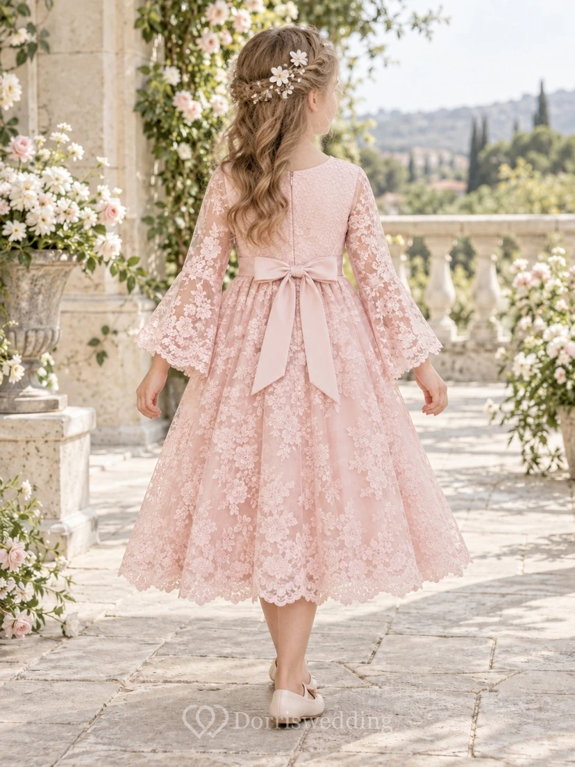 Tea-length Blush Bell Sleeve Scoop Floral Scalloped Bow Sashed Lace A-Line Flowergirl Dress view 2