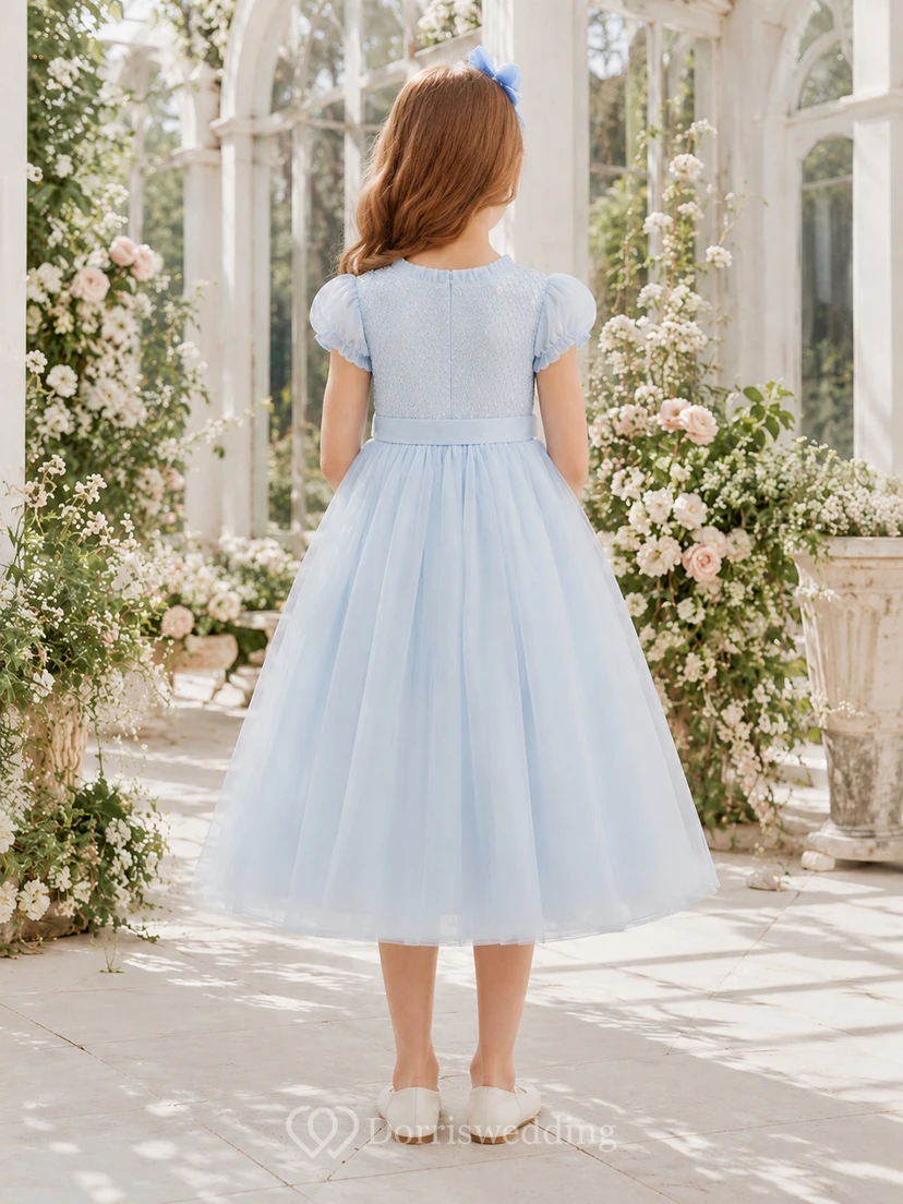 Flower Girl Dress Sky Blue Tulle A-Line Jewel Neck Tea Length Bow Back view 2