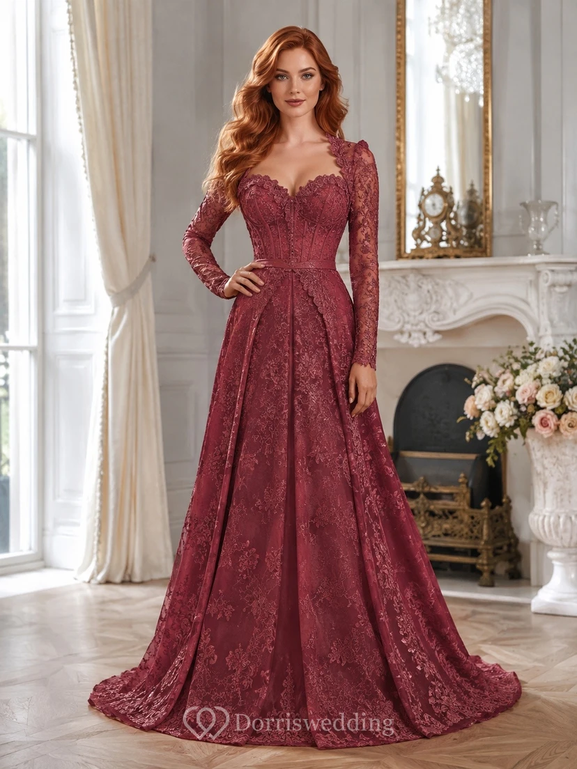 Vestido de noche clásico de satén burdeos, encaje, tul, escote corazón, manga larga, corte sirena, largo hasta el suelo