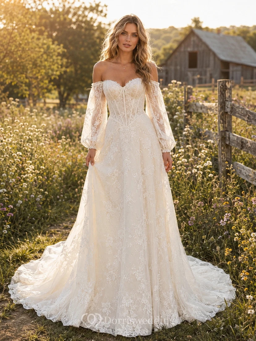 Vestido de novia de tul y encaje campestre, corte en A, hombros descubiertos, manga corta, cola de capilla, espalda baja en V.