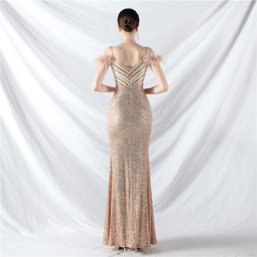 Elegantes Abendkleid mit Straußenfedern und Perlen, sexy, lang, mit Trägern und Schlitz view 16