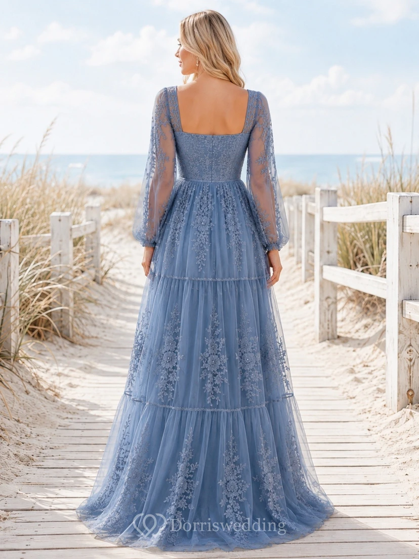 Boho Long Sleeve Square Neck Blue Lace A-Line Floor-Length Gown view 2