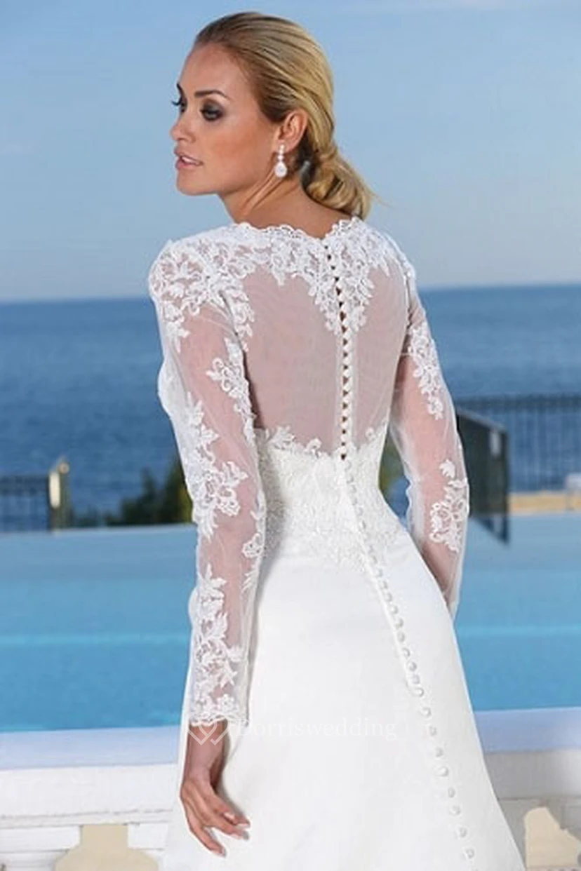 A-Line Long-Sleeve Scoop-Neck Maxi Draped Satin Wedding Dress With Appliques And Illusion view 2