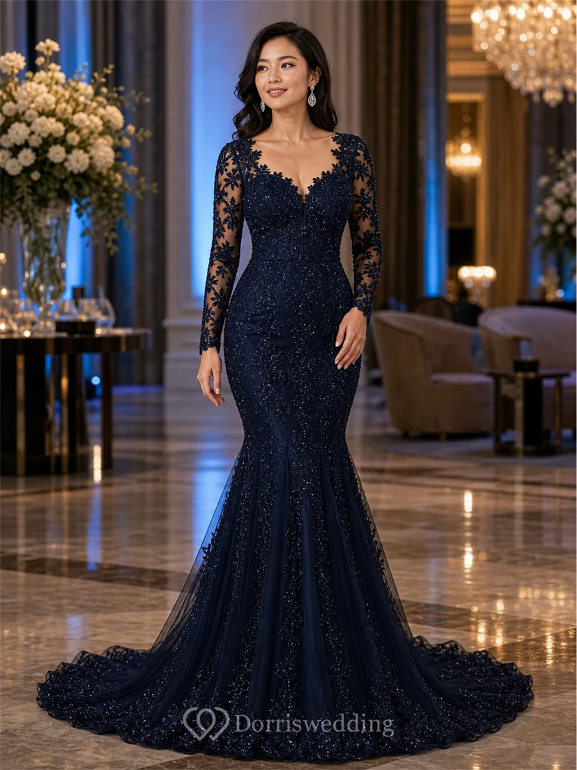 Vestido de novia de sirena de encaje negro de manga larga view 8