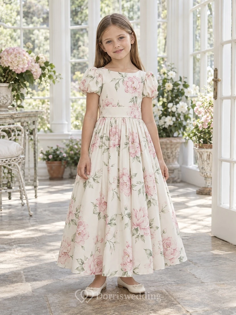 Square Neck Tea-length Ivory Pink Rose Flutter Sleeve Floral Print Flower Girl Dress view 2