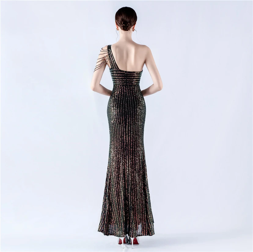 Heavy Beaded One-Shoulder Oblique Collar High Fork Sequin Dinner Dress view 2