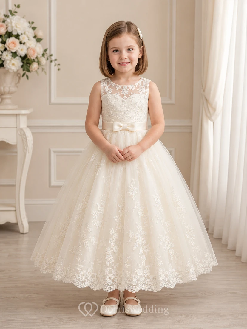 Flower Girl Dress Champagne Lace Tulle A-Line Jewel Neck Tea Length