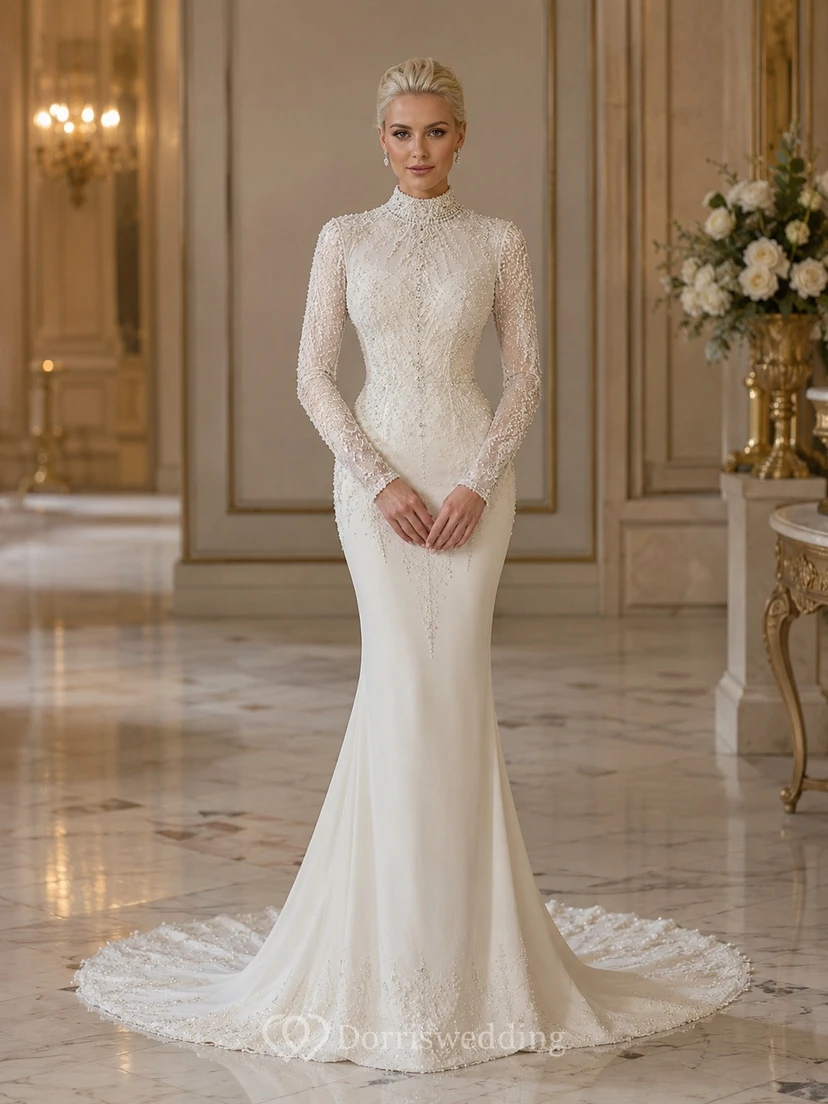 Robe de mariée sirène modeste à manches longues et col montant en dentelle illusion