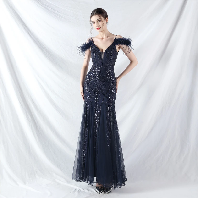 9-farbiges, handgefertigtes Abendkleid aus Kamelfedern, Netzstoff und Pailletten, sexy Trägern view 82
