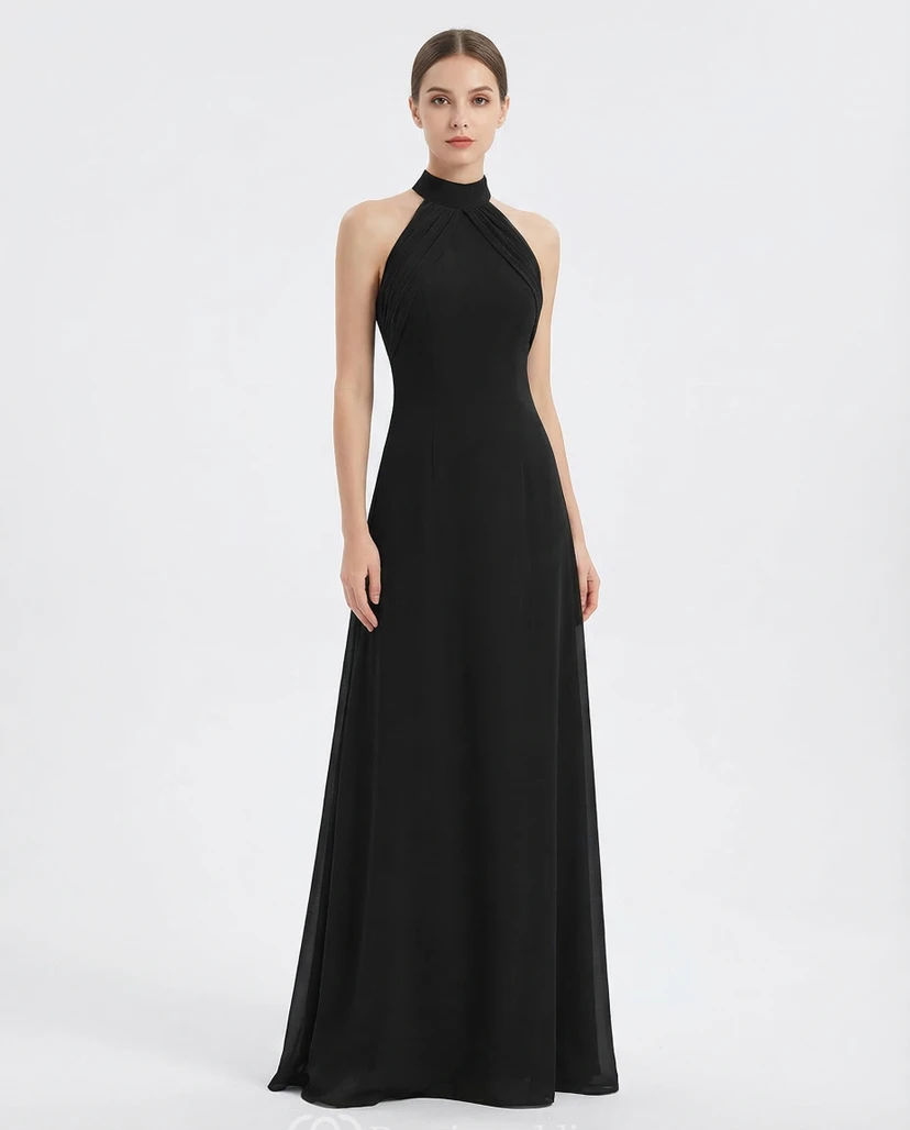 Chiffon-Abendkleid mit hohem Kragen und offenem Rücken