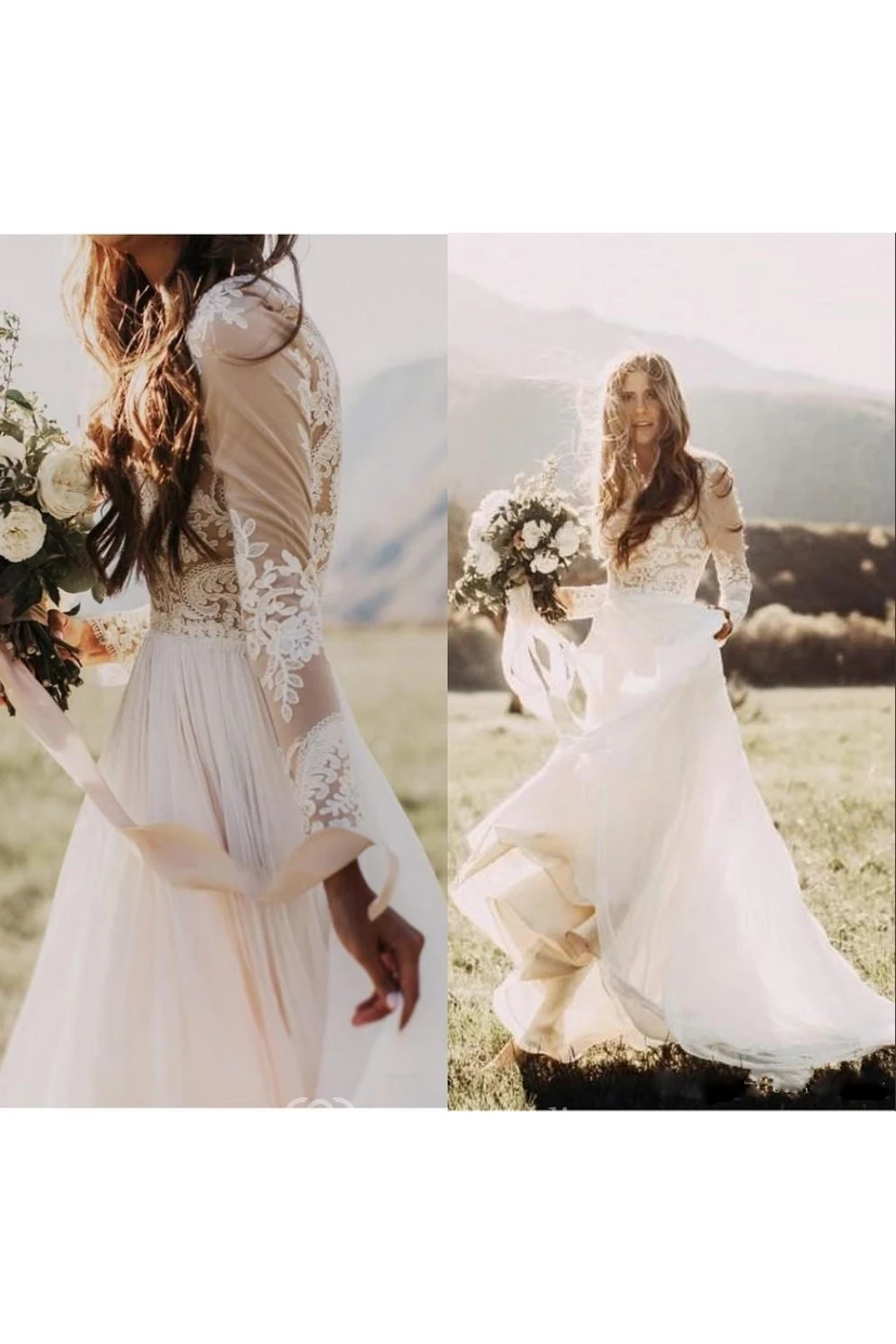 Robe de mariée bohème champêtre | Robe de mariée vintage modeste à manches longues style western pour une fugue amoureuse view 7