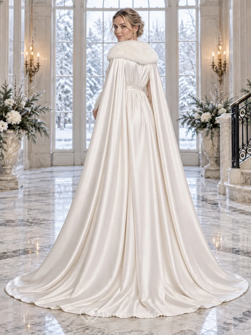 Vestido de novia sencillo de satén estilo barco con cuello de piel y falda tipo capa imperio para embarazadas view 2
