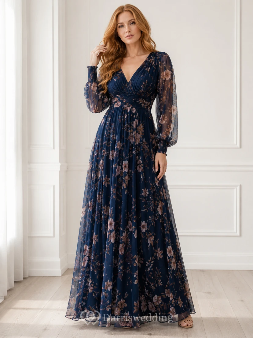 Navy floral long sleeve V-neck floor length A-line formal dress