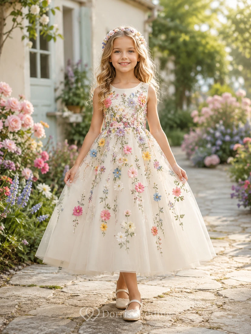 Romantisches, böhmisches Blumenmädchenkleid aus Tüll in A-Linie mit ärmellosem Oberteil und langem Rock