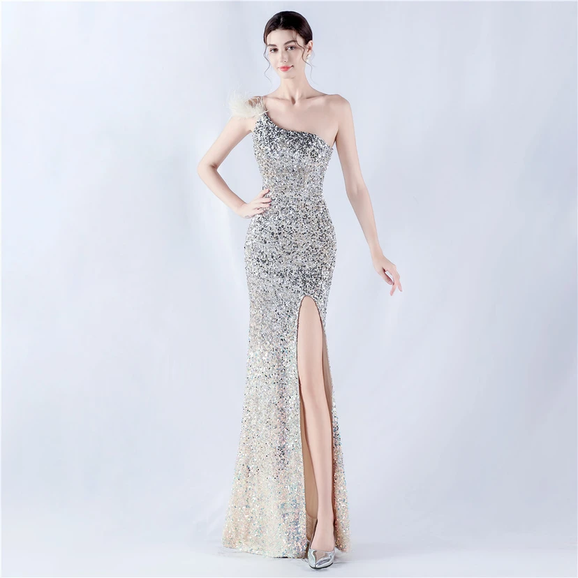 Gradient Velvet Bottom Sequins Craft Beading Ostrich Hair One-Shoulder Oblique Collar High-Slit Evening Dress view 21