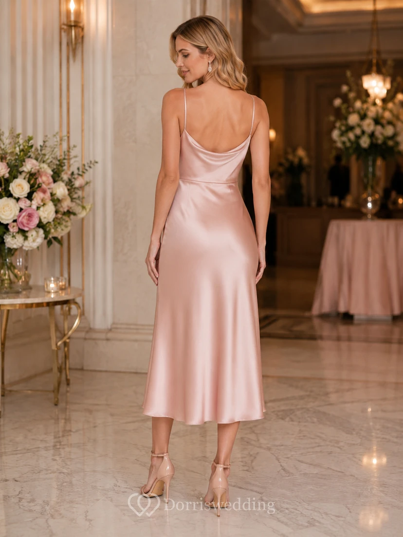 Vestido midi de satén color rosa empolvado con escote drapeado, tirantes finos y abertura. view 2